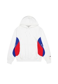 Sweat à capuche blanc avec des panneaux latéraux bleus et rouges, capuche à cordon de serrage et poignets côtelés. Détail du logo Champion sur la manche gauche.