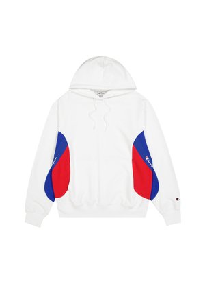 White hooded sweatshirt featuring blue and red side panels, drawstring hood, and ribbed cuffs. Champion logo detail on the left sleeve.