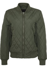 Veste bomber matelassée vert olive avec col, poignets et ourlet côtelés, fermeture éclair à l'avant et poches latérales.
