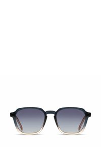 Occhiali da sole rettangolari con montatura in plastica blu scuro, lenti grigie sfumate e sottili dettagli dorati lungo i bordi. Presentano un design elegante.