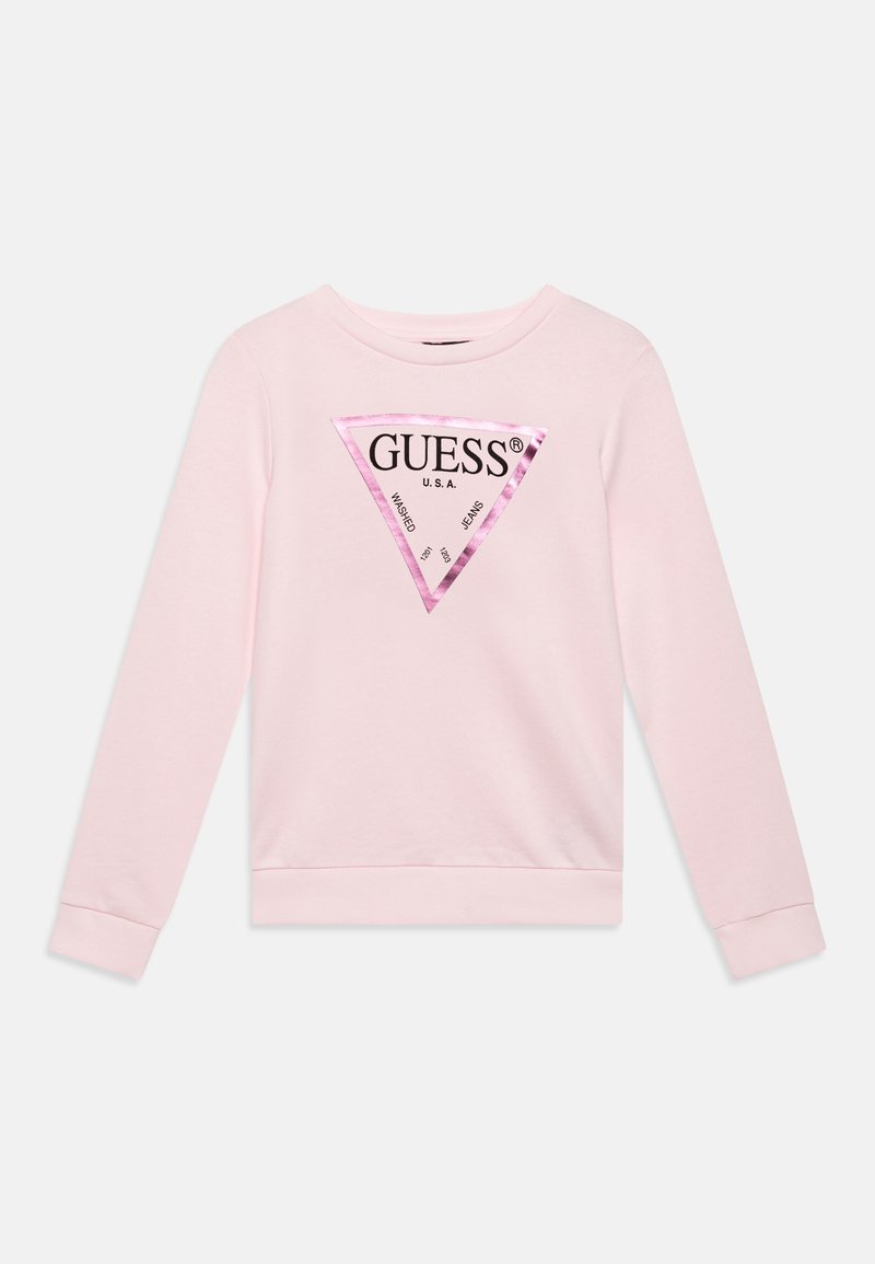 Lys rosa sweatshirt med lange ermer, med et trekantet grafisk mønster i blank rosa med svart tekst. Myk bomullsmateriale, rund hals.