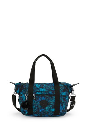Blue and black patterned duffel bag made of durable fabric with two top handles, detachable shoulder strap, and a front zipper pocket.