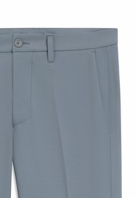 Gray trousers featuring a button closure, belt loops, and side pockets; smooth texture with a tailored fit and subtle stitching details.
