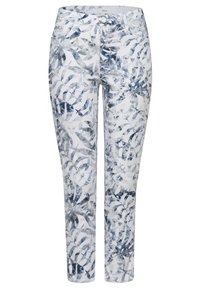 Pantalon blanc avec un motif de feuilles bleu et gris, présentant une coupe slim, une fermeture à boutons et des passants pour ceinture. Confectionné dans un tissu doux et flexible.