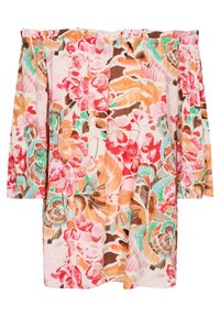 Robe à épaules dénudées en tissu léger, avec un motif floral aux tons rose, orange, vert et marron. Encolure et manches élastiquées.