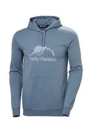 Modrý pulovr s kapucí vyrobený z bavlněné směsi. Obsahuje přední kapsu, šňůrku na stažení kapuce a grafiku s horou a sluncem s nápisem "Helly-Hansen".