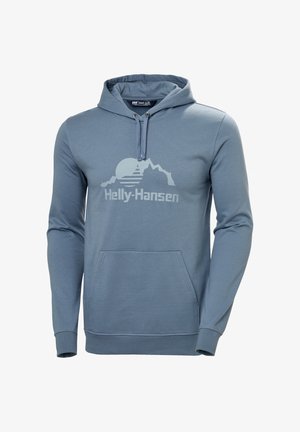 Niebieski polarowy hoodie wykonany z mieszanki bawełny. Posiada przednią kieszeń, kaptur ze sznurkiem oraz grafikę góry i słońca z napisem "Helly-Hansen".