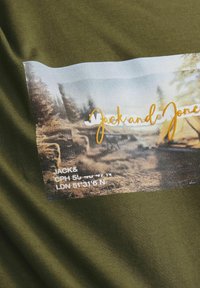 Olivengrøn bomulds T-shirt med et rektangulært trykt grafik, som viser et landskab og tekst. Trykket indeholder bløde farver og subtile detaljer.