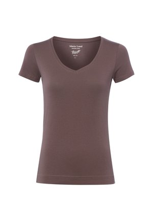 Schmal geschnittenes, kurzärmeliges braunes T-Shirt mit V-Ausschnitt aus hochwertiger Baumwolle, mit sichtbarem Markenlabel am inneren Halsausschnitt.