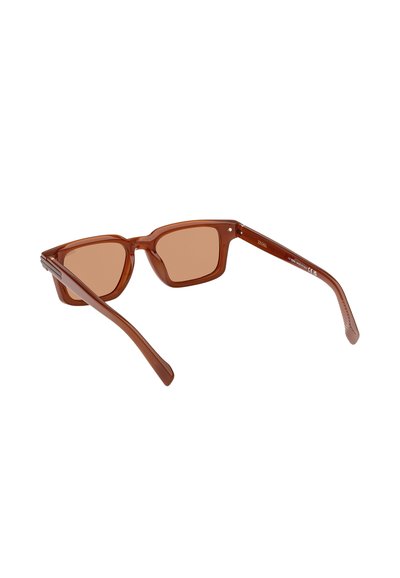 Brown plastic sunglasses with square frames and brown tinted lenses. Features thick temples with subtle detailing along the sides.
