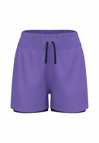 Lila Sportshorts mit einem elastischen Bund, schwarzem Zugband und innerer Mesh-Futter, versehen mit einer dezenten Textur und Logo-Detail.
