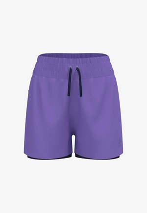 Paarse sportieve shorts met een elastische tailleband, zwarte trekkoord en een binnenste netvoering, met een subtiele textuur en logo-detail.