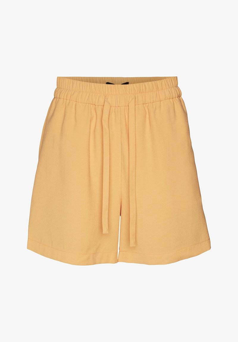 Jasnożółte szorty wykonane z miękkiego materiału, z elastycznym paskiem w talii, sznurkiem do regulacji i luźnym krojem. Gładka tekstura, bez wzorów.