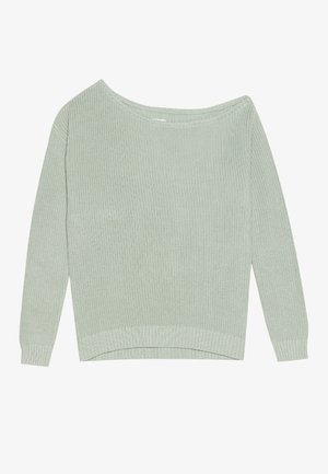 Hellgrüner gestrickter Pullover mit weitem Ausschnitt, langen Ärmeln, feiner Rippstruktur und einem leicht verkürzten, lockeren Schnitt.