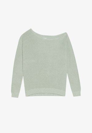 Pull en maille vert clair avec un large col, des manches longues, une texture côtelée et une coupe légèrement raccourcie et décontractée.