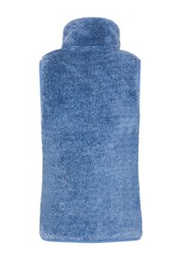 Blå höghalssärmless fleeceväst med en mjuk, plyschig textur sedd bakifrån på en vit bakgrund.