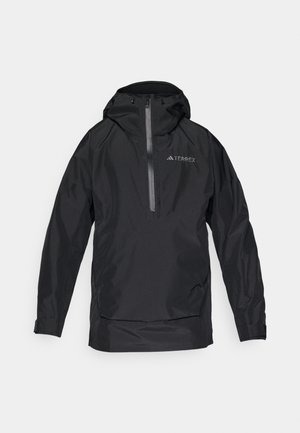 Zwarte waterdichte Terrex-jack met capuchon, rits aan de voorkant en elastische manchetten. Gladde textuur met reflecterende details. Lichtgewicht ontwerp.