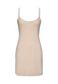 Beige liukuvuo dress, jossa on ohuet spagettiolkaimet, sileä tekstuuri, polvipituus, istuva malli, saumattomat sivut ja pyöreä kaula-aukko.