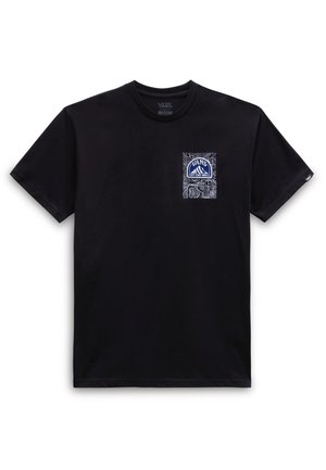 Czarna koszulka Vans z krótkim rękawem z małą niebiesko-białą naszywką z logo "Off The Wall" na lewej piersi z motywem góry i fali.