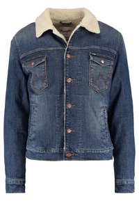 Jeansjacka i mörkblått med krage i beige shearling, framknäppning med knappar, två bröstfickor och en lätt sliten finish.