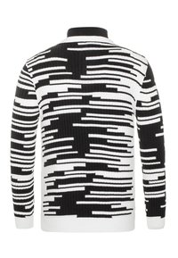 Schwarz-weißer gestrickter Pullover mit horizontalem Streifenmuster, geripptem Stoff und Kragen. Das Design wechselt zwischen kräftigen und dünnen Streifen.