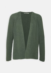 Green knitted cardigan with an open front. Features textured patterns along the sides and a relaxed fit. Soft, breathable material.