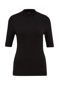 Pull noir à manches courtes avec un col rond côtelé et des poignets, fabriqué en tissu lisse, présentant une silhouette ajustée et un design épuré.