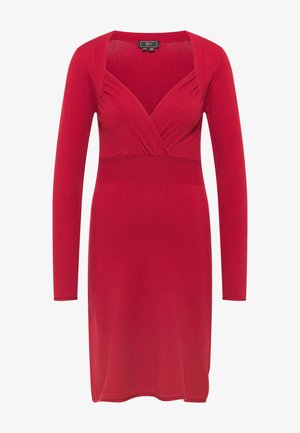 Abito rosso a maniche lunghe con scollatura a V, caratterizzato da dettagli arricciati sul busto e una siluetta aderente. Tessuto morbido e elastico.