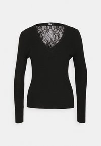 Černý svetr s dlouhým rukávem, žebrovanou texturou a výstřihem do V. Na výstřihu je krajkový vložek pro zdůraznění detailu.