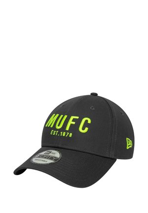 Black baseball cap with neon green embroidered "MUFC" and "EST. 1878" text. Features a curved brim and adjustable back strap.
