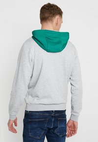 Sudadera gris con capucha verde, con un corte estándar y puños acanalados. Costuras visibles y una textura lisa. Llevada con jeans azules.