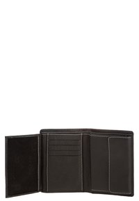 Black leather wallet with white stitching, featuring card slots, a mesh pocket, and a textured finish. Open view displays interior layout.
