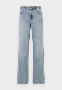 Svijetloplave široke traperice. Imaju dugme i patent zatvarač, prednje džepove i suptilno istrošenost. Čiste ivice.