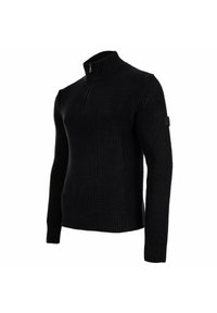 Schwarzer strukturierter Strickpullover mit langen Ärmeln, gerippten Bündchen, hohem Kragen und einem halben Reißverschluss am Hals.