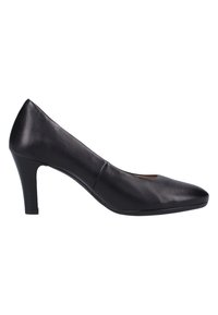 Black leather high-heeled pump with a pointed toe and a sleek silhouette, featuring a modest heel and smooth texture.