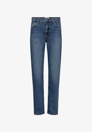 Blaue Jeans mit geradem Bein, vorn mit Knopf und Reißverschluss, fünf Taschen und dezentem Verblassen an den Oberschenkeln, präsentiert vor weißem Hintergrund.