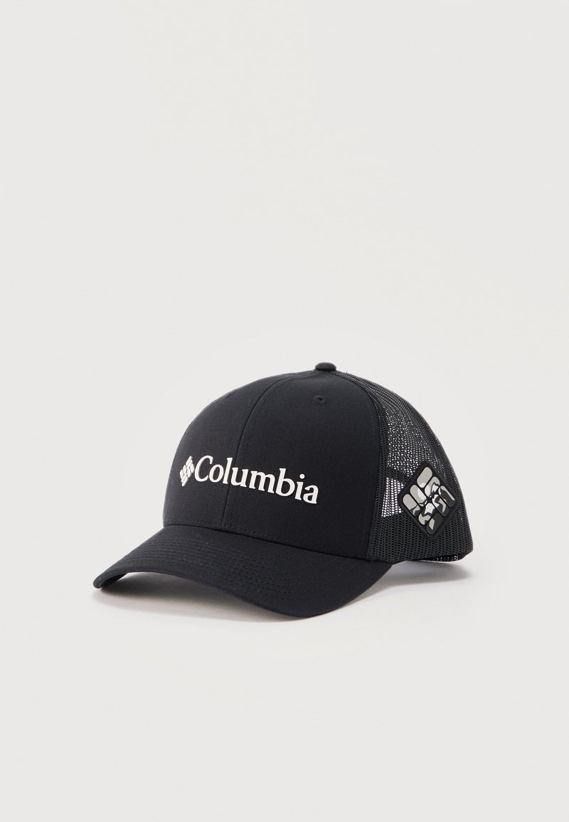 Casquette de baseball noire Columbia avec visière incurvée, logo blanc à l'avant, et panneaux arrière en mesh avec une petite pièce à motif.