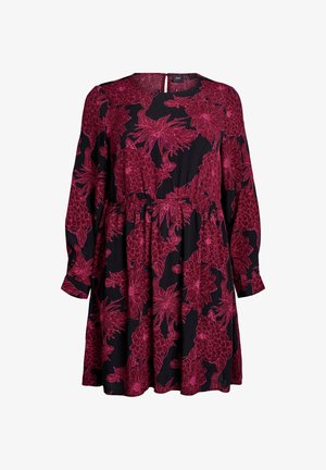 Abito a maniche lunghe con base nera e audace motivo floreale color mogano, caratterizzato da vita arricciata e scollatura rotonda con apertura a chiave sul retro.