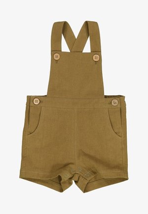 Khakifarbene kurze Latzhose aus strukturiertem Stoff, mit verstellbaren Schulterriemen, zwei Vorderentaschen und Holzknöpfen als Akzente.