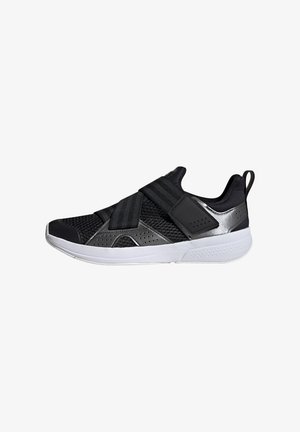 Black athletic shoe with a breathable mesh upper, adjustable straps, gray accents, and a white rubber sole featuring textured grips.