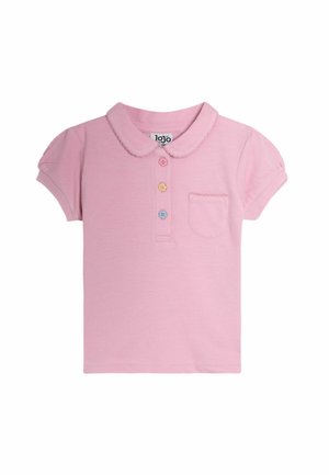 Tricou polo roz, cu mâneci scurte, guler ondulat, trei nasturi colorați în formă de floare și buzunar mic la piept.