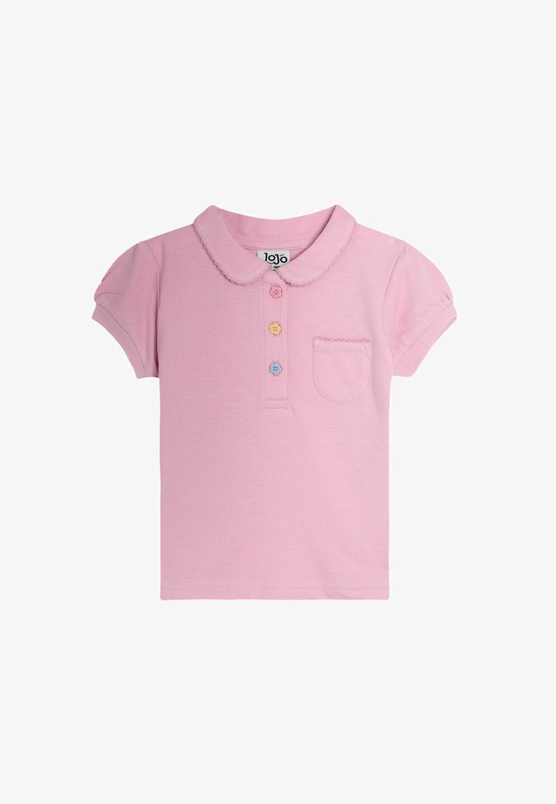 Polo rose à manches courtes avec col festonné, trois boutons colorés en forme de fleurs et petite poche poitrine.