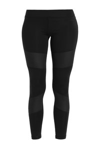 Leggings neri sportivi con un design aderente, caratterizzati da pannelli opachi e lucidi a contrasto lungo le gambe. Tasche laterali. Vita elastica nella parte superiore.
