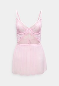 Σετ ελαφρύ ροζ εσωρούχων με διάφανο, πουα ύφασμα. Περιλαμβάνει εφαρμοστό κορσέ με λεπτομέρειες δαντέλας, ρυθμιζόμενες τιράντες και φουσκωτή φούστα.