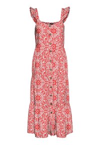Red patterned dress with frill straps, square neckline, button front, and a tiered skirt featuring floral and leafy designs.