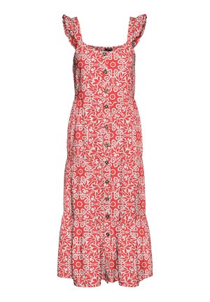 Sarkans rakstains kleita ar frill siksnām, kvadrātveida dekoltē, pogu priekšpusi un pakāpenisku svārku ar ziedu un lapu rakstiem.