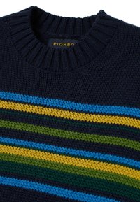 Marineblauer Strickpullover mit Rundhalsausschnitt und horizontalen Streifen in Blau, Grün und Gelb. Strukturierter Stoff mit geripptem Kragen.