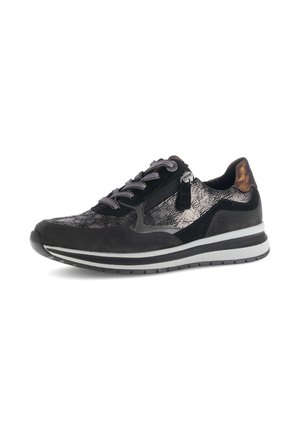 Black sneaker featuring a textured upper with silver accents, a padded collar, lace closure, and a contrasting white midsole with black stripes.