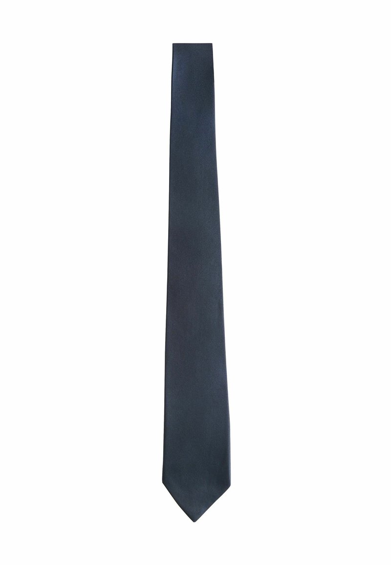 Marineblå silketie med en glat tekstur, der har en aftagende ende og et subtilt mønster vævet i stoffet.