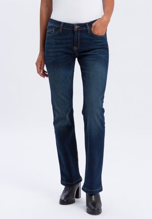 Dark blue denim jeans with a straight-leg cut, featuring a classic five-pocket design and contrasting stitching details.